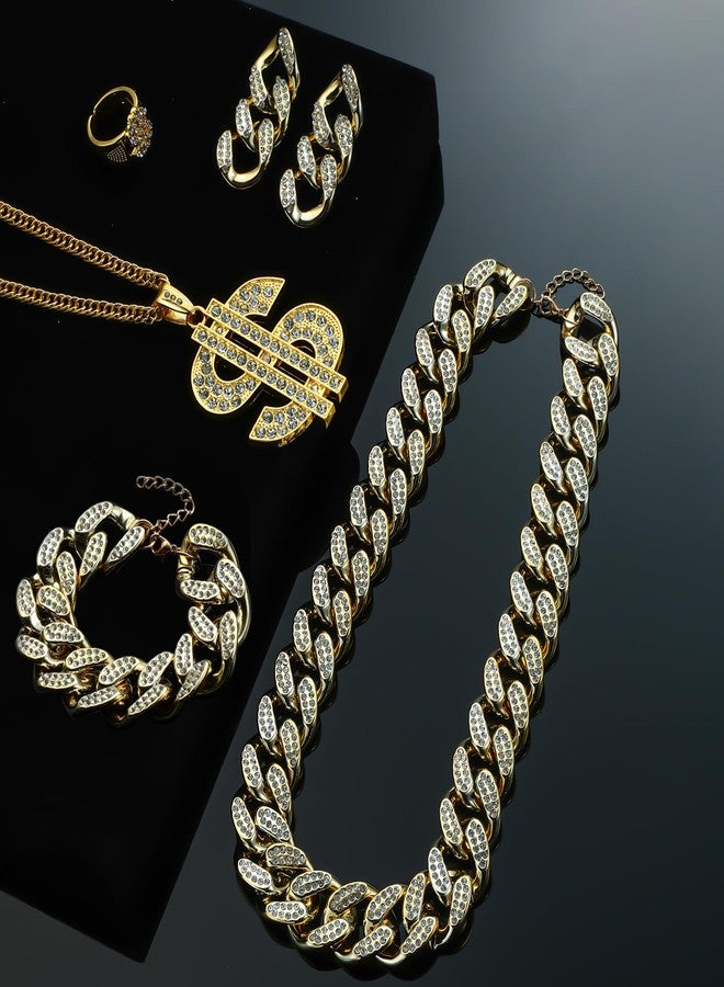 Acruccen 80s 90s Accessories Outfit for Women Hip Hop Costume Kit Dollar Sign Necklace & Rings Costume Gold Chain Necklace & Bracelet & Earrings Rapper Jewelry - Image 2